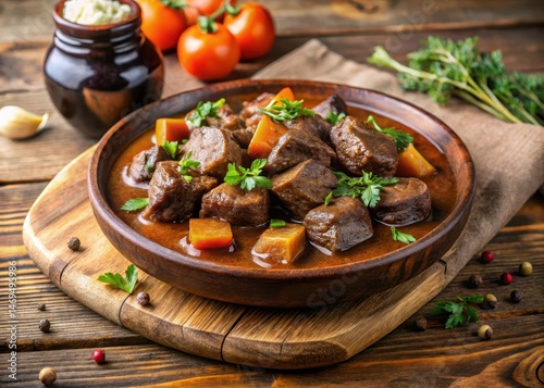 Obraz na płótnie Braised beef in red wine sauce on a rustic wooden plate w salonie