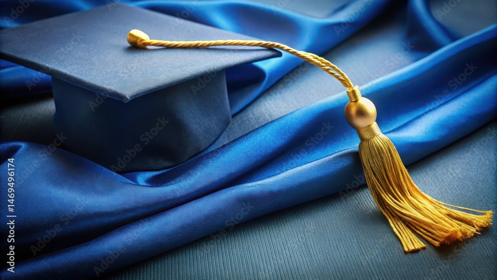 Detailed image of elegant graduation cap with gold tassel on blue fabric background