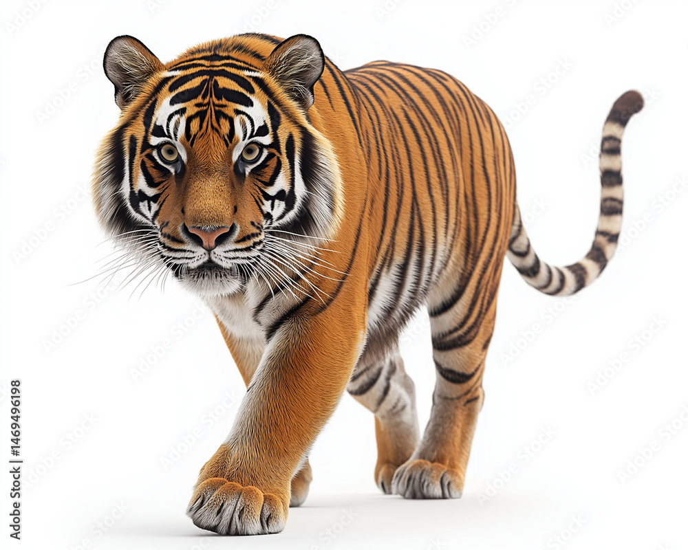 Obraz premium Powerful Bengal Tiger Walking Forward – Orange Fur with Black Stripes on White Background