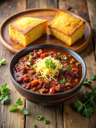 Obraz na płótnie A steaming bowl of chili with a slice of warm cornbread on the side w salonie