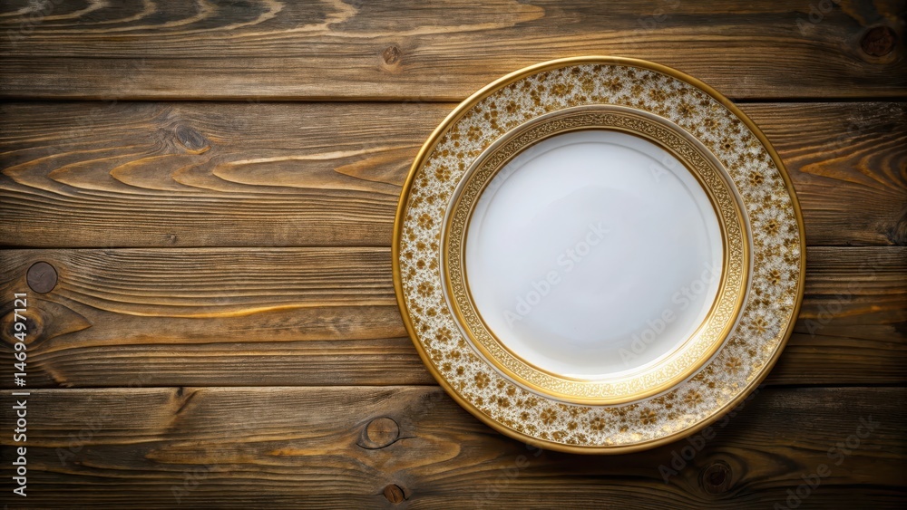 A delicate porcelain plate with a golden rim and intricate designs on a minimalist wooden table