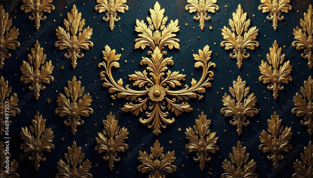 Symmetrical damask pattern, gold leaf effect, rich detail, foil, interior, luxury Symmetrical damask pattern, gold leaf effect, rich detail, foil, interior, luxury