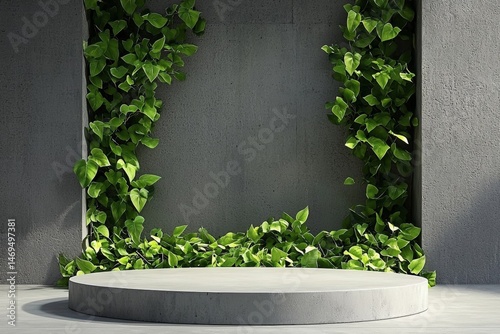 An empty stage with a solid concrete podium surrounded by greenery.