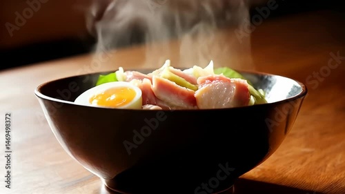 Serving Hot Bowl of Delicious Food with Egg and Meat