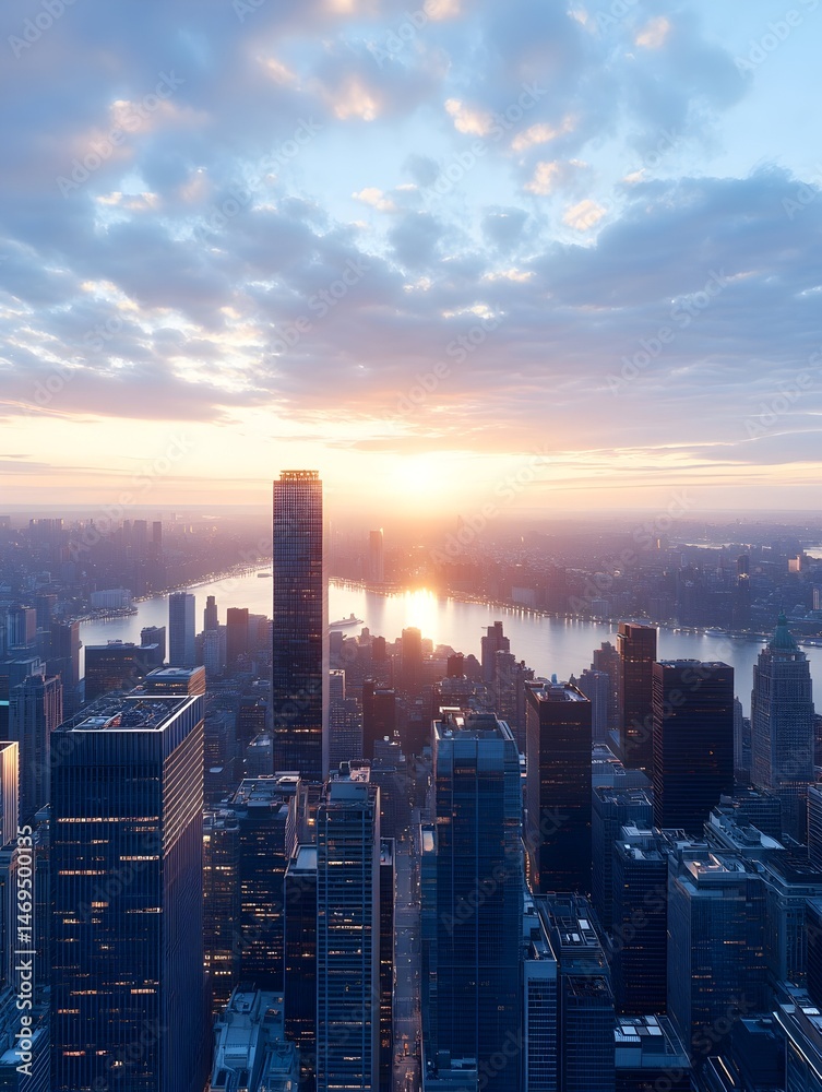 Fototapeta premium A panoramic view of a cityscape at dawn, with skyscrapers reaching towards a glowing orange sky