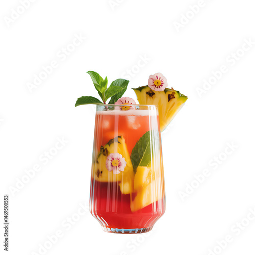 Tropical Temptation: A vibrant, refreshing cocktail, artfully garnished with fresh pineapple, delicate flower petals and lush mint leaves. Capturing the essence of a tropical paradise.