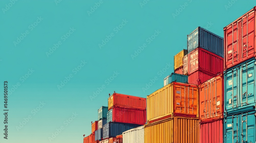 Fototapeta premium Colorful shipping containers stacked against a bright blue sky, creating a vibrant industrial scene.