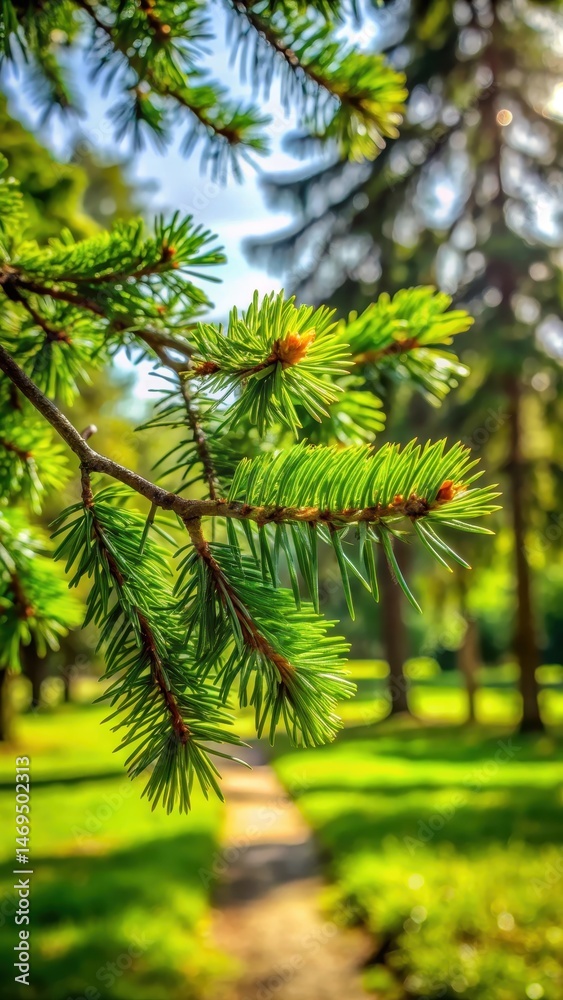 A close-up shot of a branch with green needles in a park setting surrounded by trees and lush foliage