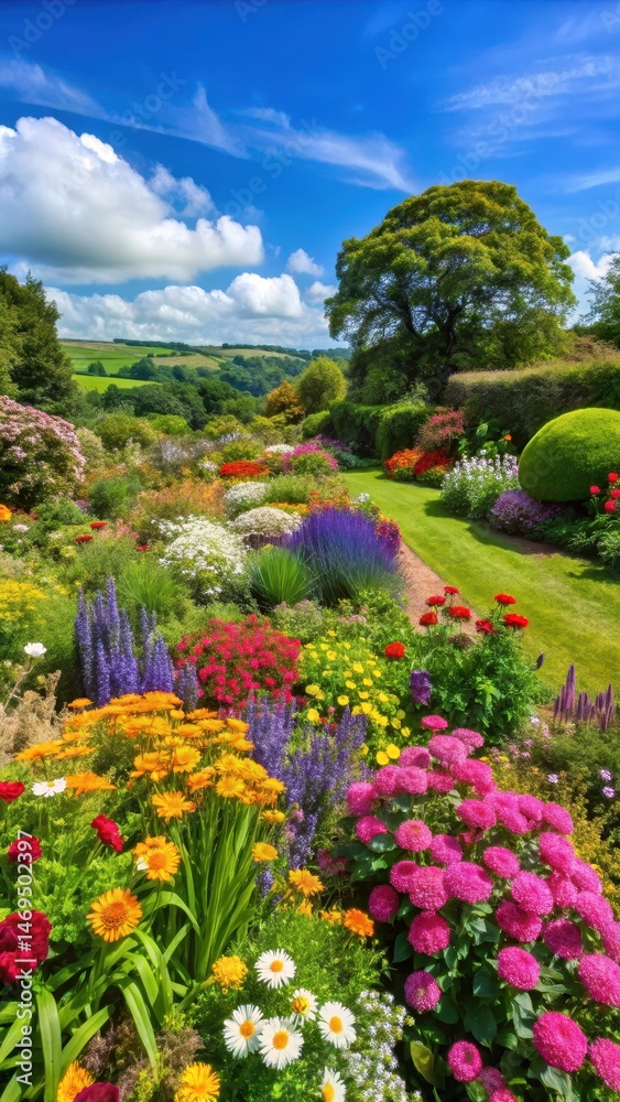 Vibrant English Cornish Garden in full bloom with a mix of colorful flowers and lush greenery