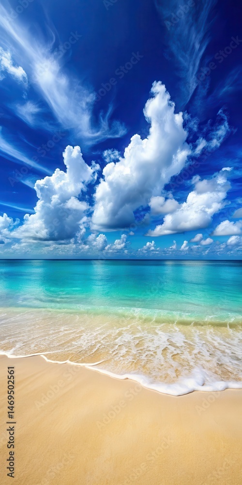 A serene summer beach scene with warm sand and clear turquoise water under a bright blue sky with fluffy white clouds