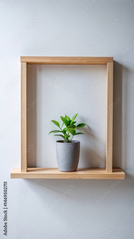 Modern minimalist home decor with a wooden frame and potted plant on a floating shelf