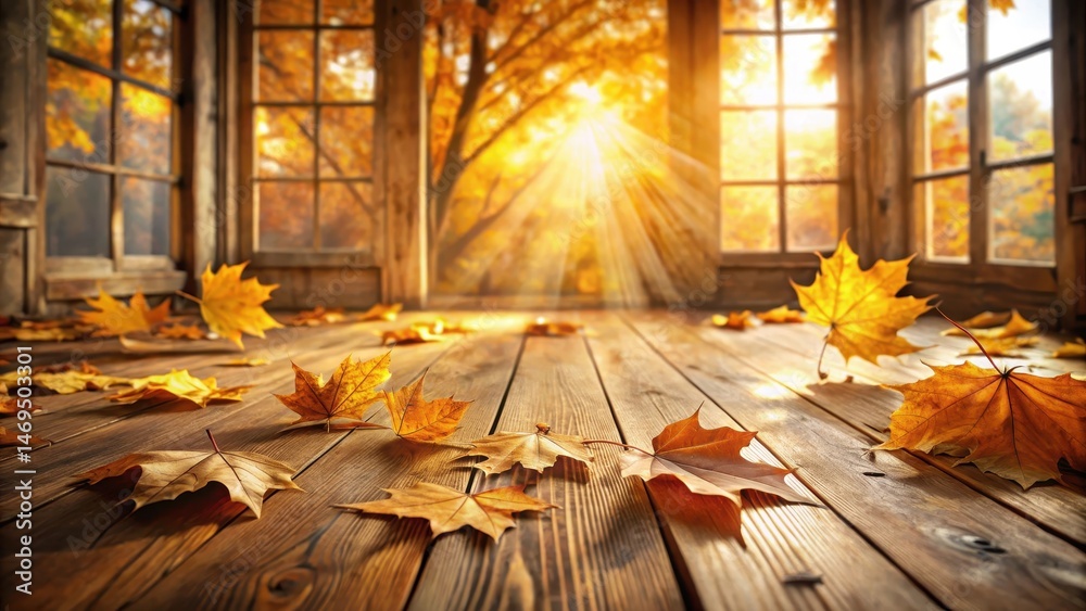 Golden maple leaves scattered on a rustic wooden floor with warm autumn sunlight filtering through the windows