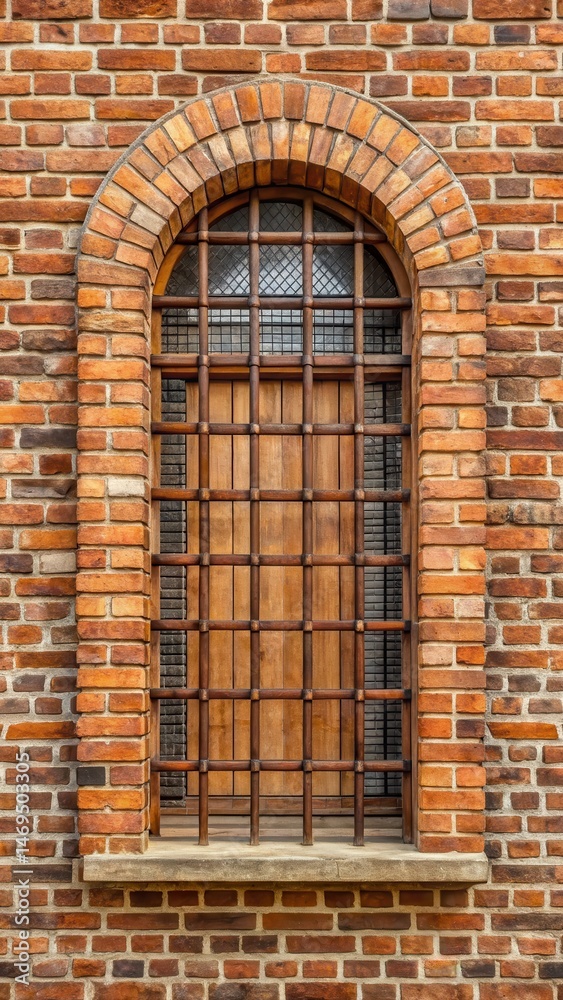 Historic Arched Window with Wooden Lattice in a Brick Wall