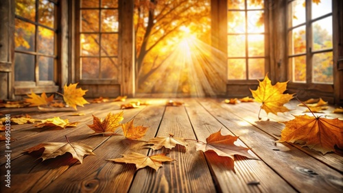 Obraz na płótnie Golden maple leaves scattered on a rustic wooden floor with warm autumn sunlight filtering through the windows w salonie