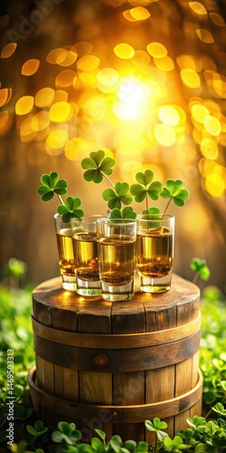 Golden shot glasses on wooden barrel with lush shamrocks and greenery surrounding them