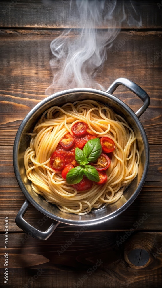 overhead view of steaming hot pasta with rich tomato basil sauce in a stainless steel saucepan