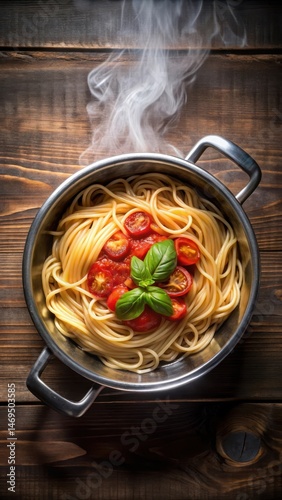 Obraz na płótnie overhead view of steaming hot pasta with rich tomato basil sauce in a stainless steel saucepan w salonie