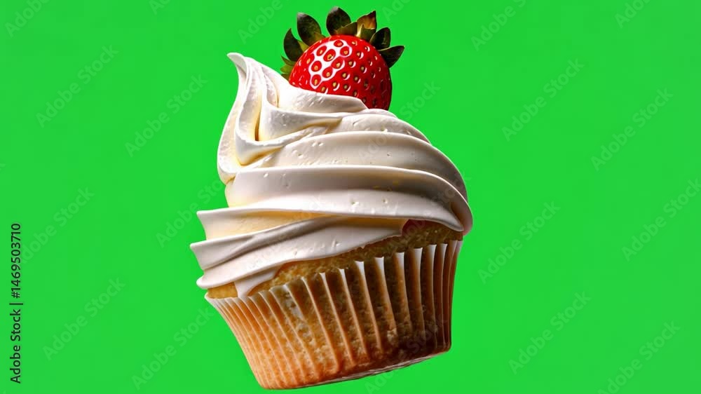 Delicious vanilla cupcake topped with creamy frosting and fresh strawberry on bright green background