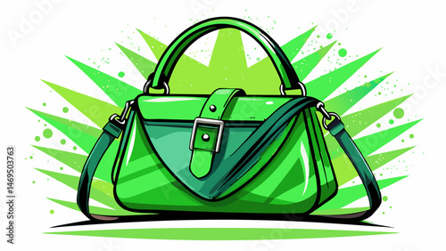A bright green purse with black straps and a zipper sits on a white background