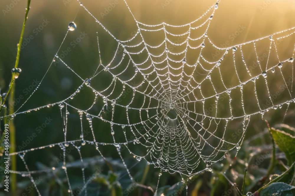 Fototapeta premium Background Sparkling Spider Web with Dewdrops