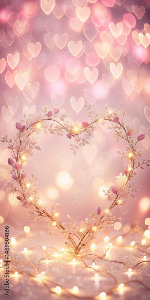 Soft pink heart-shaped bokeh with delicate floral patterns against a pastel background