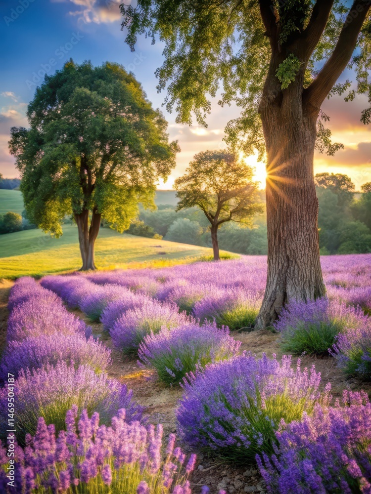 Softly blooming lavender fields surround ancient tree trunks on a lush hilltop landscape with warm sunlight filtering through the trees