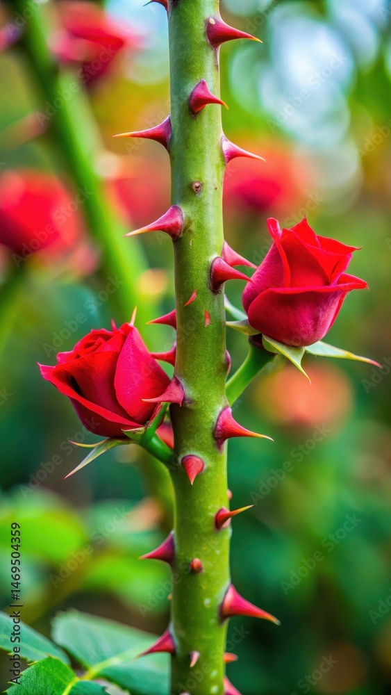 Close-up of two red thorns on a stem of rose plant Part of the stem roses with thorns