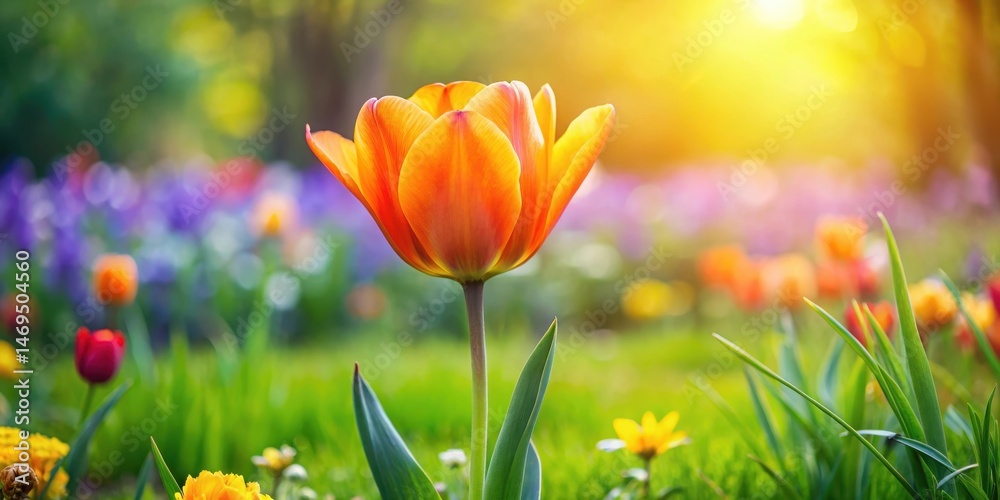 Fresh orange tulip in the garden surrounded by lush green grass and vibrant flowers