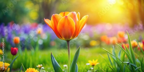 Obraz na płótnie Fresh orange tulip in the garden surrounded by lush green grass and vibrant flowers w salonie