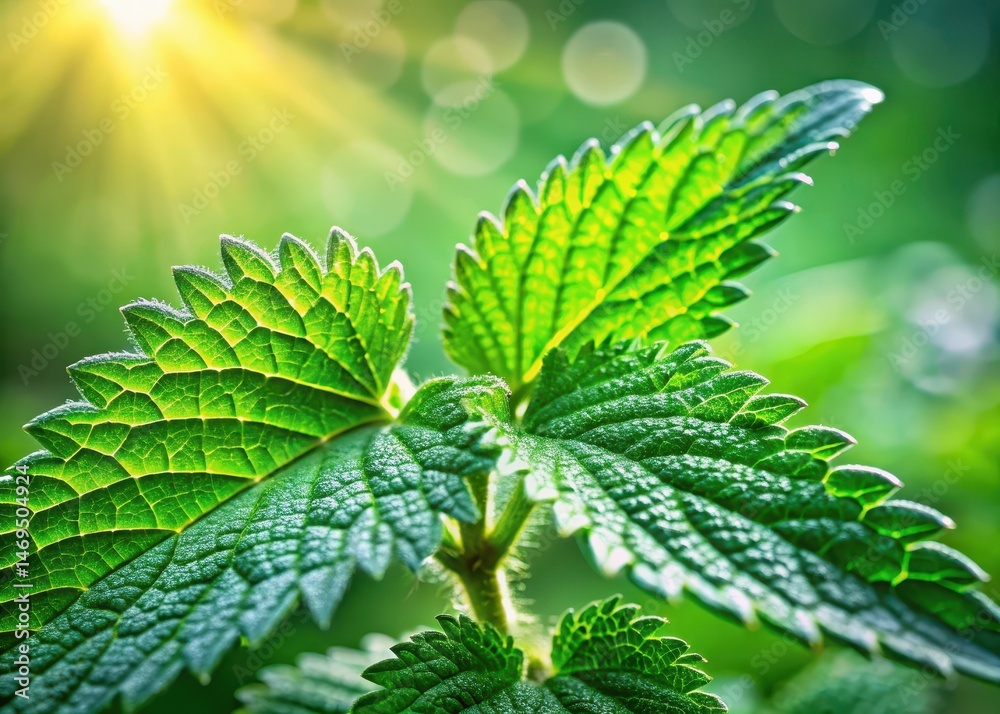 Close-up of fresh green nettle leaves with dew drops on a blurred green background