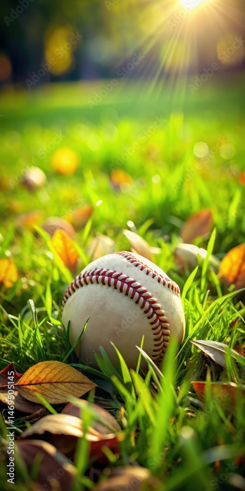 A baseball lies on a lush green lawn with blades of grass swaying gently in the breeze and a few scattered leaves around it