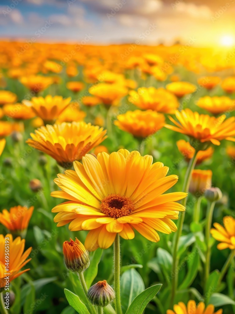 Field with yellow calendula flowers in a sunny meadow