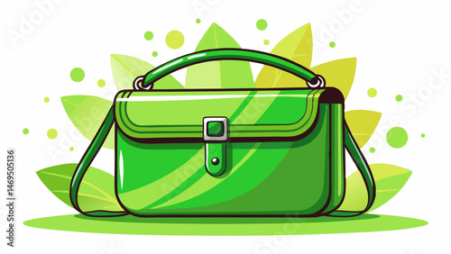 A bright green purse with black straps and a zipper sits on a white background