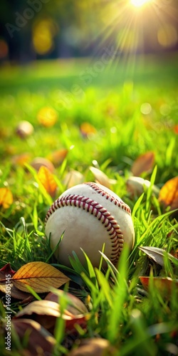 Obraz na płótnie A baseball lies on a lush green lawn with blades of grass swaying gently in the breeze and a few scattered leaves around it w salonie