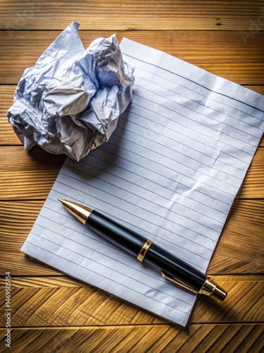 A crumpled piece of paper with a pen lying next to it on a cluttered desk