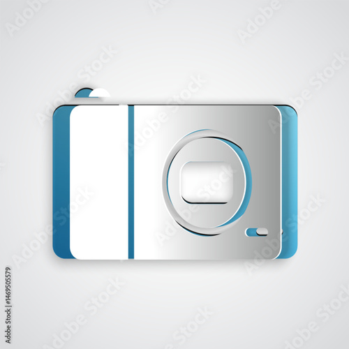 Paper cut Photo camera icon isolated on grey background. Foto camera icon. Paper art style. Vector