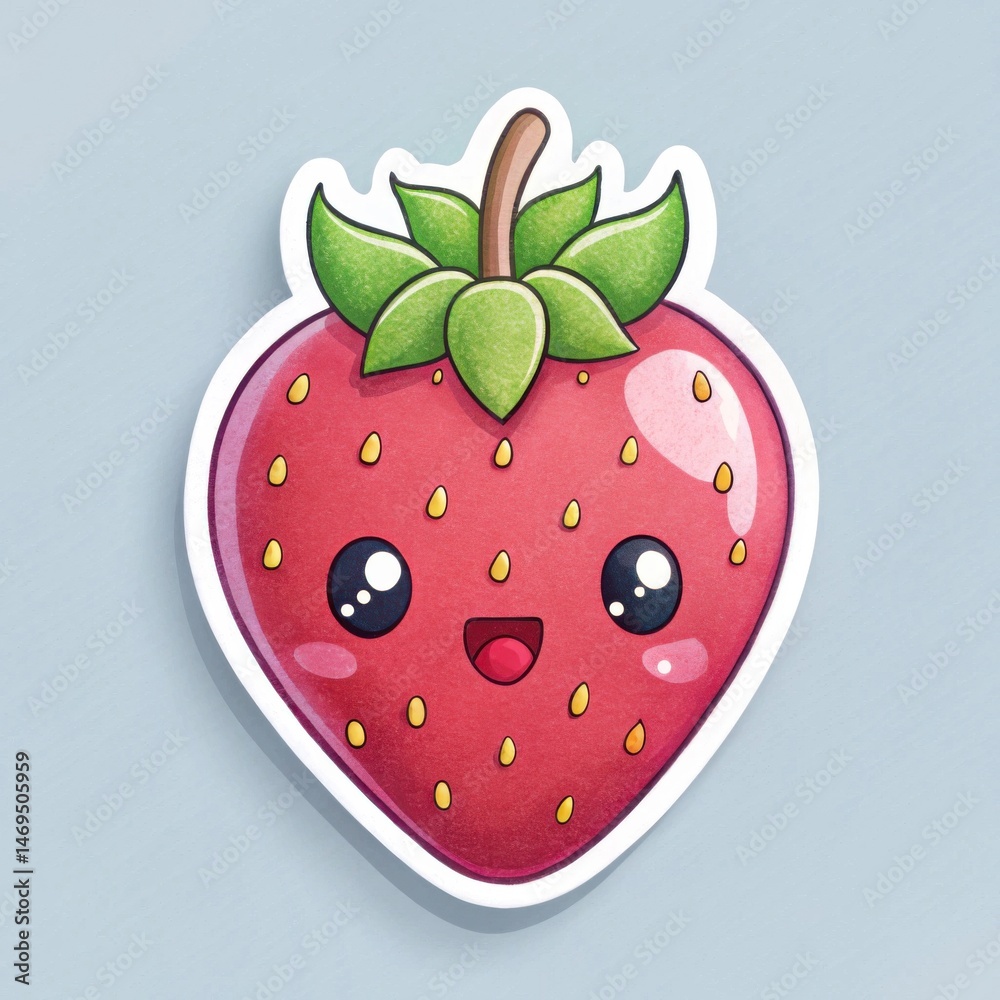 Obraz premium Cute cartoon strawberry with a happy face on a blue background