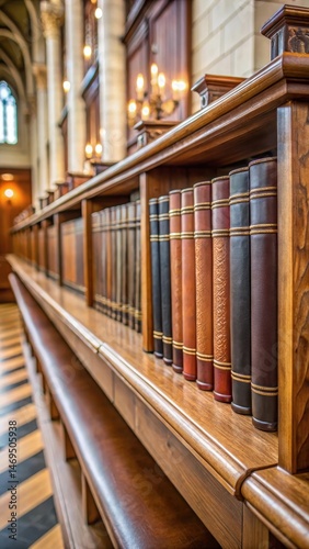 Obraz na płótnie Row of leather-bound books on a wooden shelf in a quiet church sanctuary w salonie