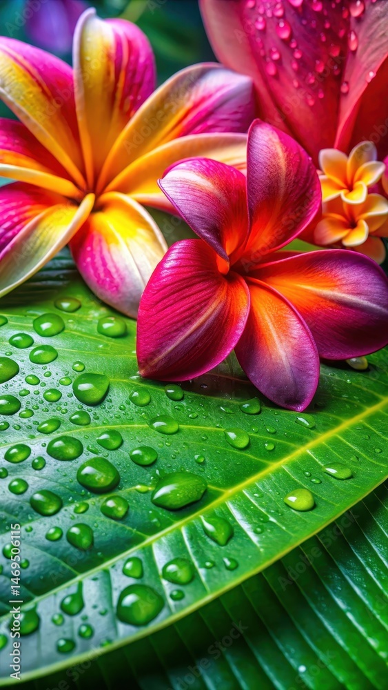 A close-up shot of vibrant tropical flowers surrounding a dewy leaf