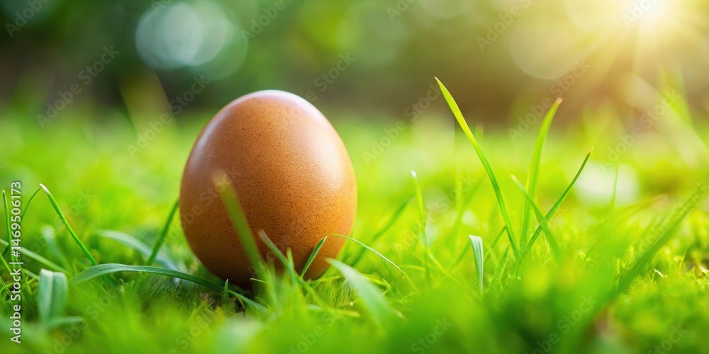 A small brown egg lies on a lush green grass