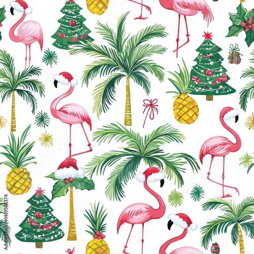 Pink flamingos wearing santa hats enjoying tropical christmas seamless pattern
