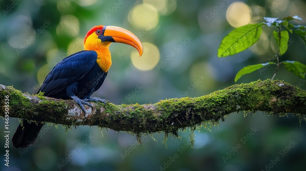 Obraz premium A vibrant toucan perched on a mossy branch in a lush rainforest