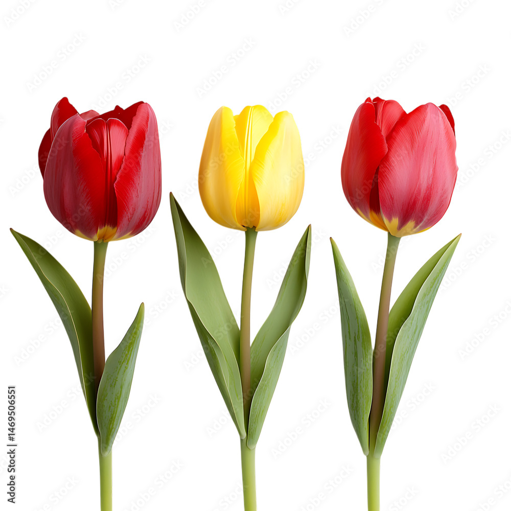 Fototapeta premium Three Tulips Red Yellow Red on Black Background on transparent background