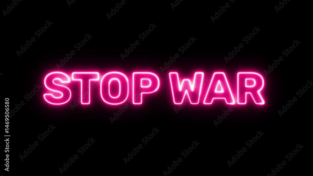 Neon pink stop war text illuminated on a black background for peace Neon pink stop war text illuminated on a black background for peace