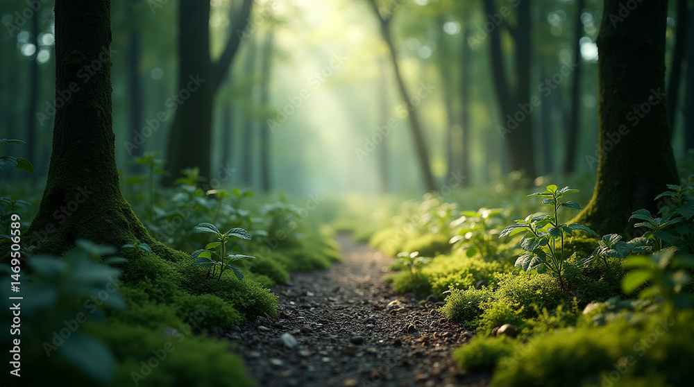 Fototapeta premium Enchanted Forest Pathway – Mystical Light and Nature’s Detail in Ultra-Realistic Microphotography