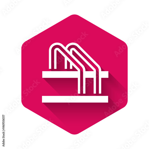 White Bicycle parking icon isolated with long shadow. Pink hexagon button. Vector