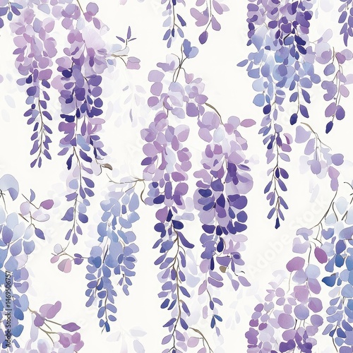 Watercolor wisteria flowers cascading on white background