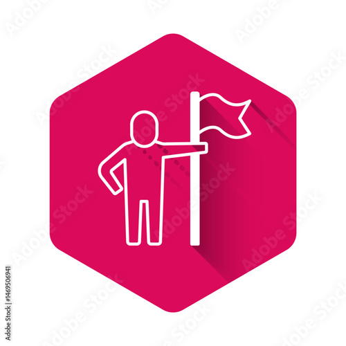 White Man holding flag icon isolated with long shadow background. Victory, winning and conquer adversity concept. Pink hexagon button. Vector