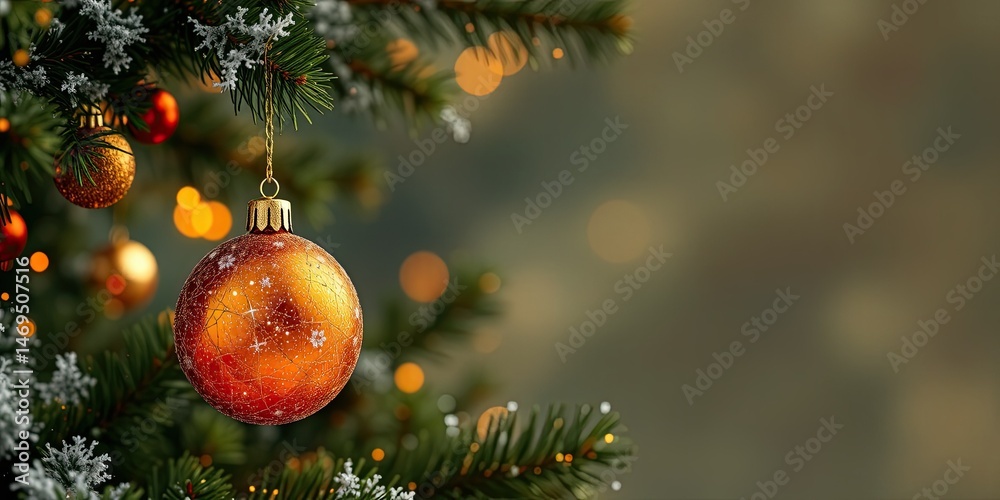 Festive Orange Ornament on Christmas Tree, AI Art