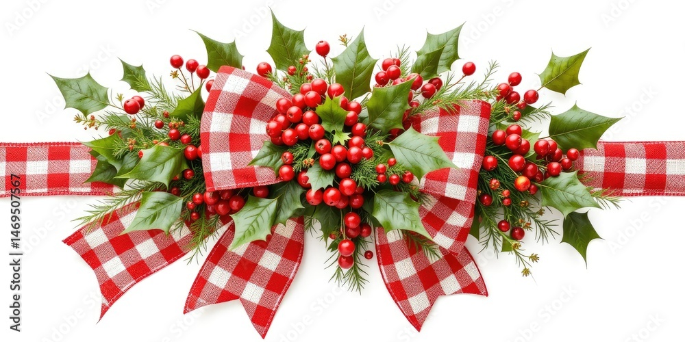 Festive Red Gingham Christmas Bow with Holly Accents